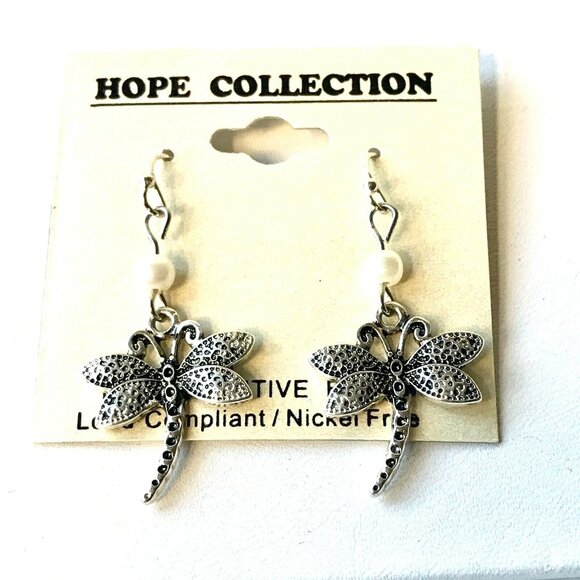 Dragonfly Earrings Silver Plated Pearl Hypo-allergenic Insect Sensitive Ears - Picture 2 of 10